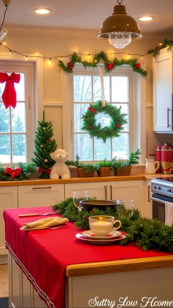 A Christmas-themed kitchen with festive decor, red tablecloth, and twinkling lights.